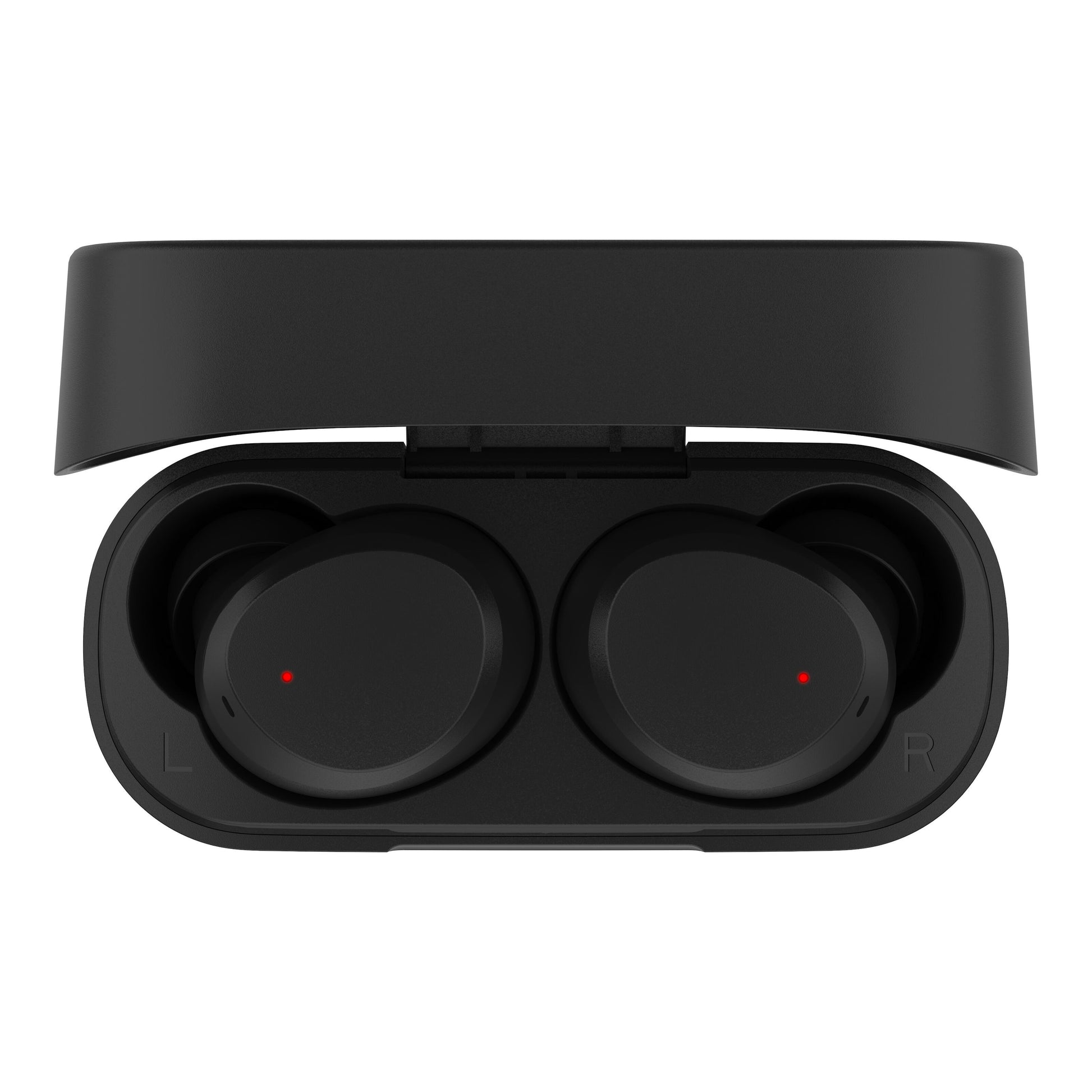Linocell TWS trådløse øretelefoner i åben opladningetui set oppefra med Bluetooth 5.1 og rødt LED-lys på L og R earbuds.
