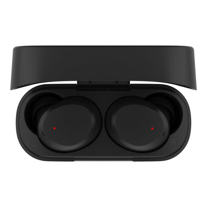 Linocell TWS trådløse øretelefoner i åben opladningetui set oppefra med Bluetooth 5.1 og rødt LED-lys på L og R earbuds.