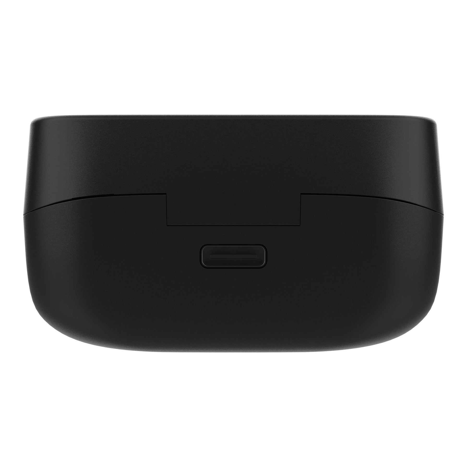 Linocell TWS trådløse øretelefoner etui i sort mat, USB-C port bagpå, afrundet rektangulær form, synlig lågsamling.