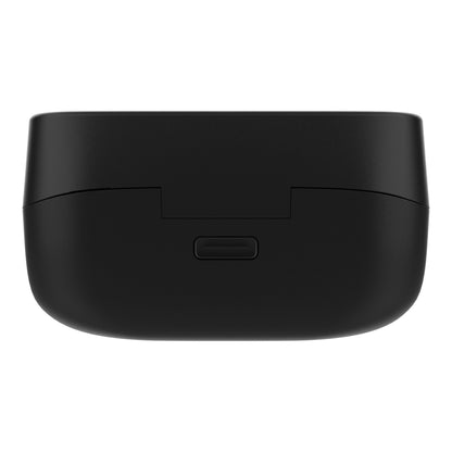 Linocell TWS trådløse øretelefoner etui i sort mat, USB-C port bagpå, afrundet rektangulær form, synlig lågsamling.