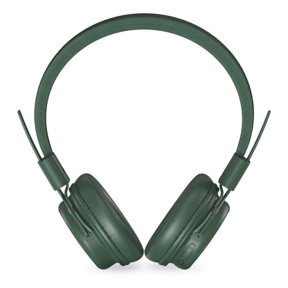 Trådløse on-ear hovedtelefoner grøn, polstrede ørepuder og hovedbøjle, Bluetooth 5.3, kontrolknapper på ørekop.