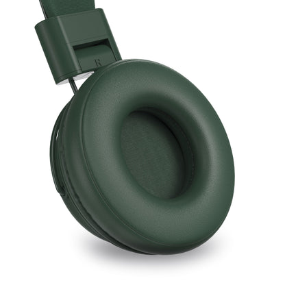 Linocell trådløse on-ear hovedtelefoner grøn Bluetooth 5.3 polstret ørekop og bøjle R-mærke for højre øre.