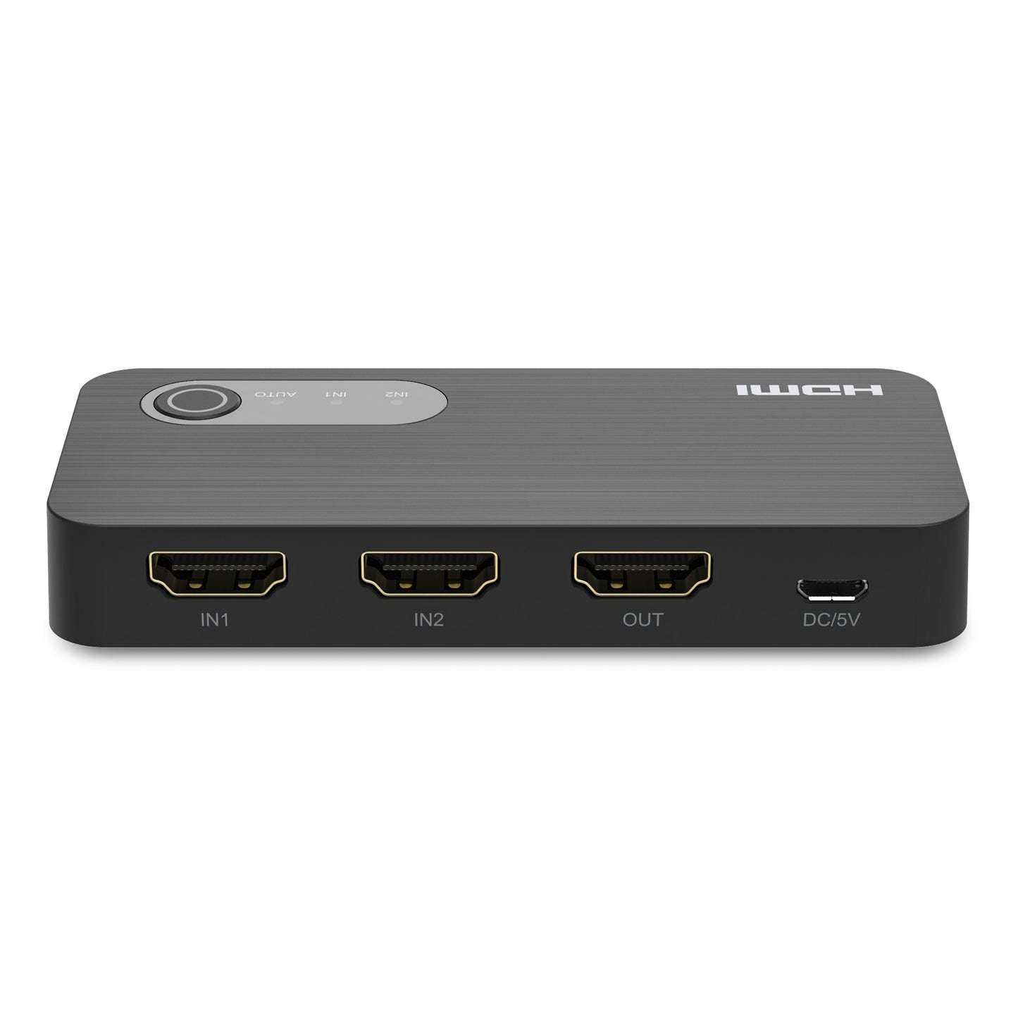Automatisk HDMI-switch 8K 2-vejs sort med IN1, IN2, OUT porte, DC/5V-indgang, stor topknap og indikatorlys.