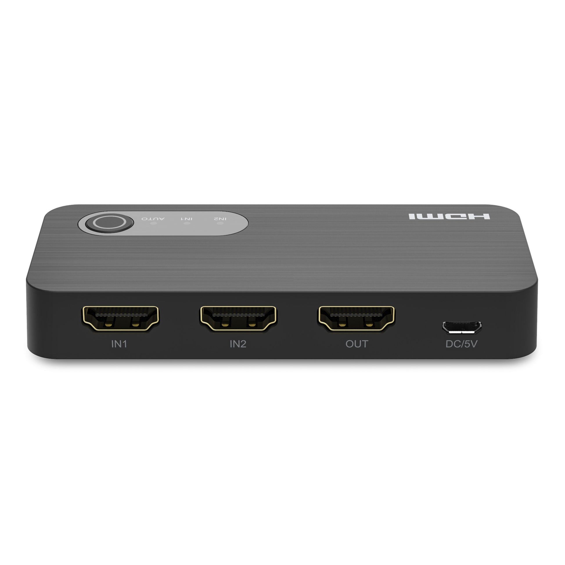 Automatisk HDMI-switch 8K 2-vejs sort med IN1, IN2, OUT porte, DC/5V-indgang, stor topknap og indikatorlys.