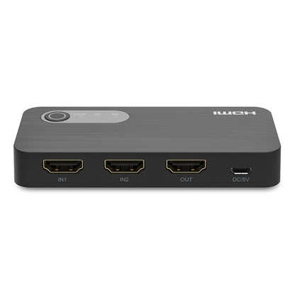 Automatisk HDMI-switch 8K 2-vejs sort med IN1, IN2, OUT porte, DC/5V-indgang, stor topknap og indikatorlys.
