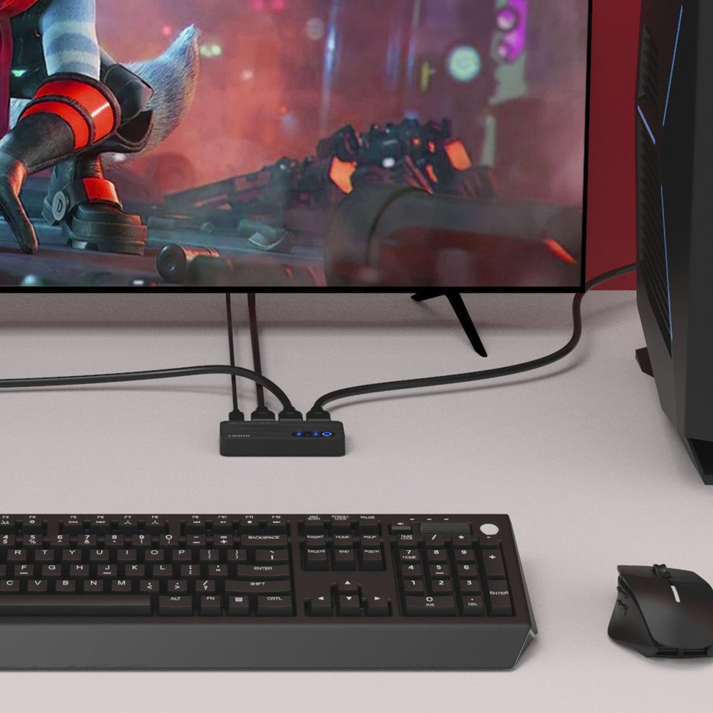 Luxorparts Automatisk HDMI-switch 8K 2-vejs på skrivebord med tastatur, mus, USB-hub og 8K desktop computer.