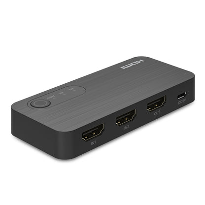 Automatisk HDMI-switch 8K 2-vejs sort, én stor knap, til HDMI-indgange IN1/IN2, én HDMI-udgang OUT, DC 5V.