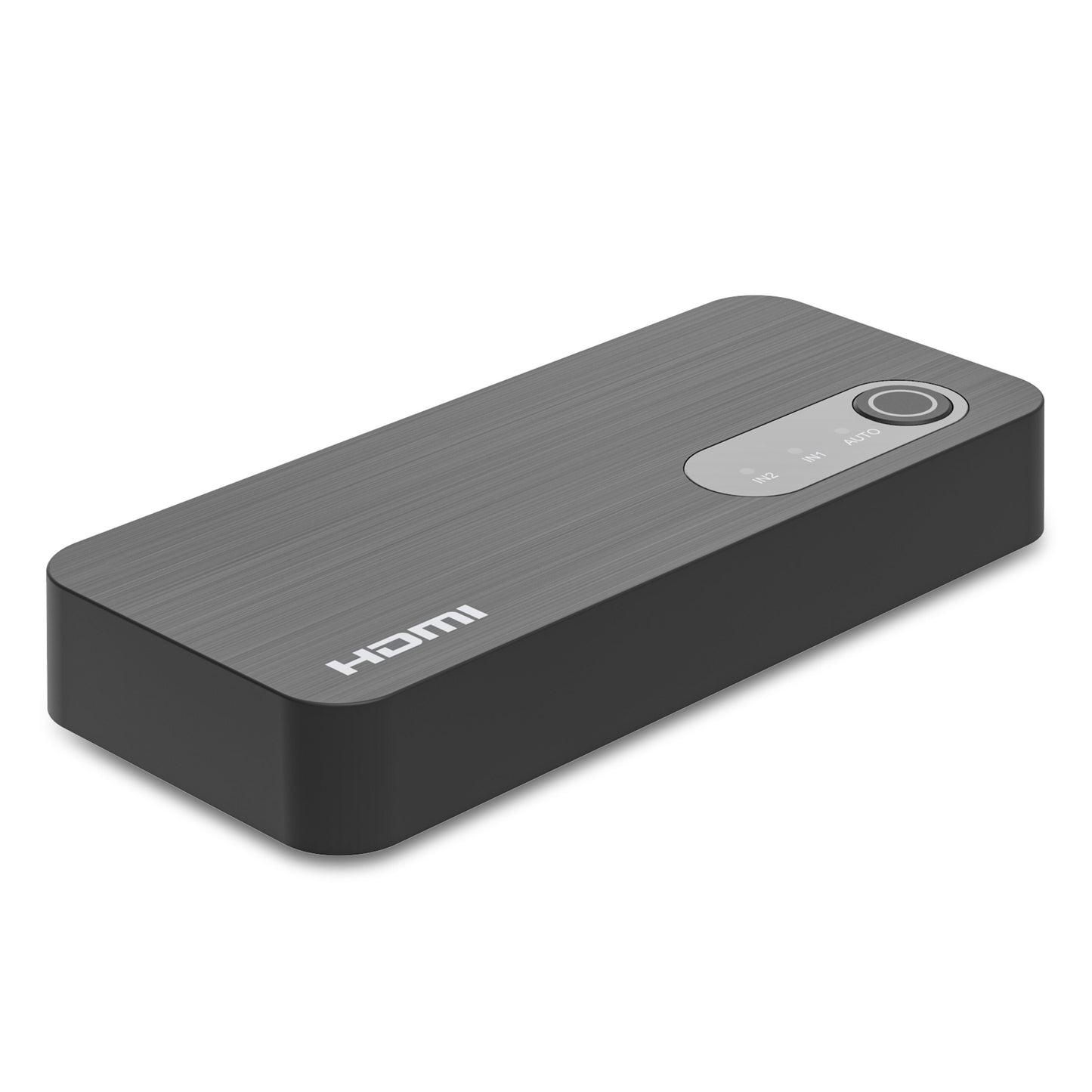 Automatisk HDMI-switch 8K 2-vejs, børstet mørkegrå, knapper til IN2, IN1 og AUTO, understøtter 8K og automatisk omskiftning.
