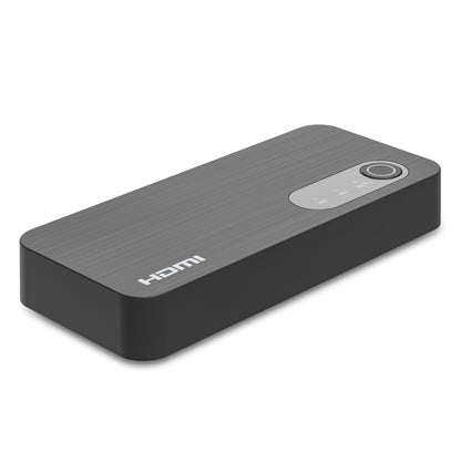 Automatisk HDMI-switch 8K 2-vejs, børstet mørkegrå, knapper til IN2, IN1 og AUTO, understøtter 8K og automatisk omskiftning.