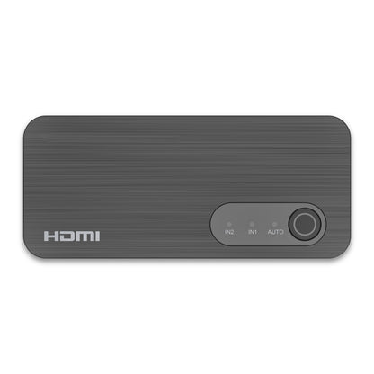 Automatisk HDMI-switch 8K 2-vejs, sort med børstet finish, HDMI-logo, indikatorlys (IN2/IN1/AUTO), knap til højre.