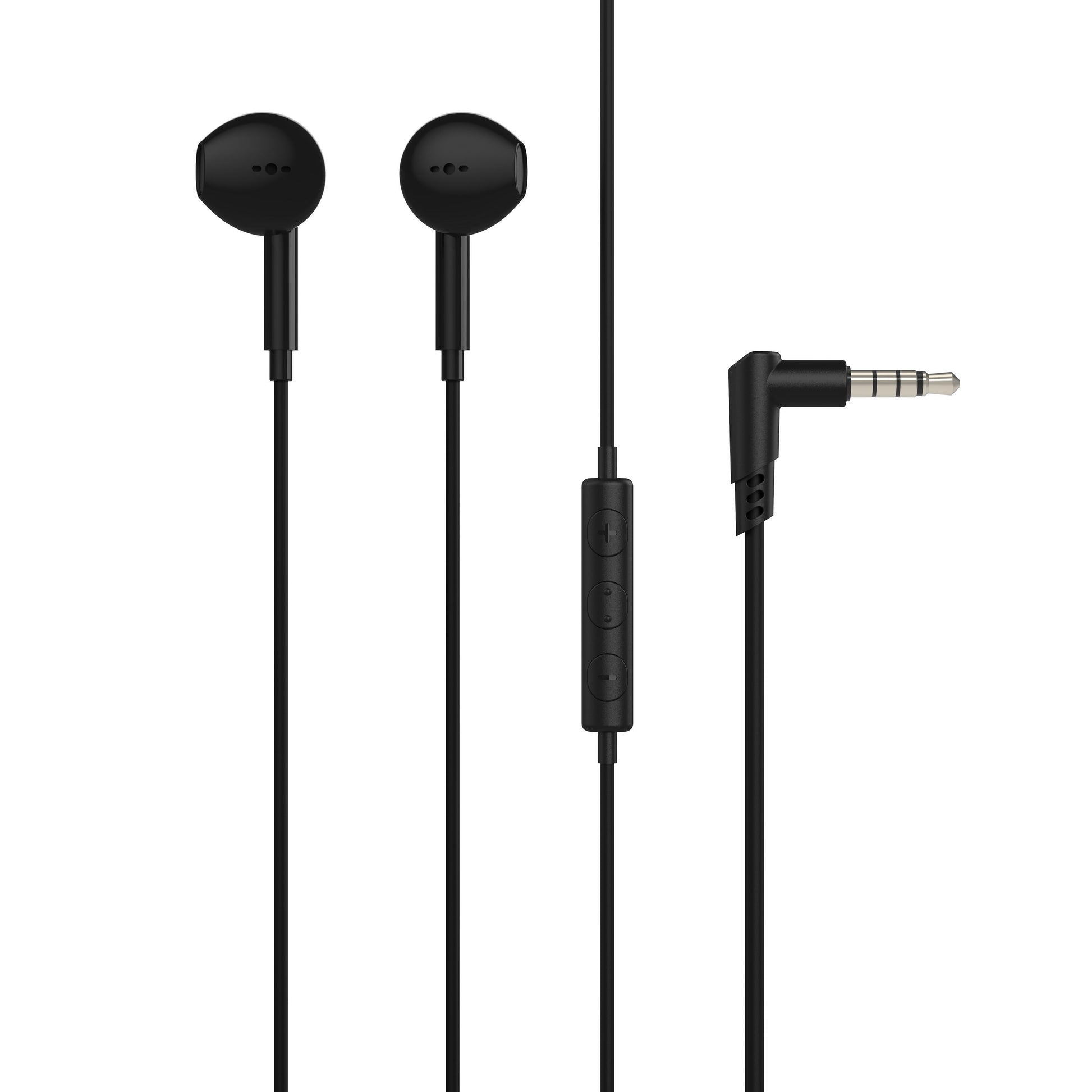 Linocell høretelefoner med mikrofon, sort, 3,5 mm stik, in-line fjernbetjening og vinklet lydstik.