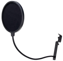 Luxorparts Popfilter sort, rundt mesh, fleksibel svanehals og klemme til montering på stativ eller bord.