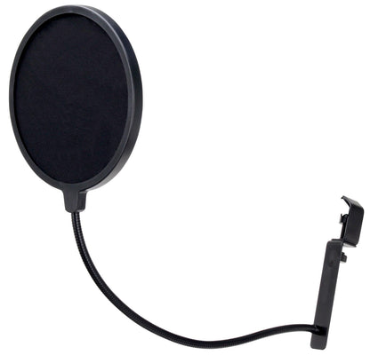 Luxorparts Popfilter sort, rundt mesh, fleksibel svanehals og klemme til montering på stativ eller bord.