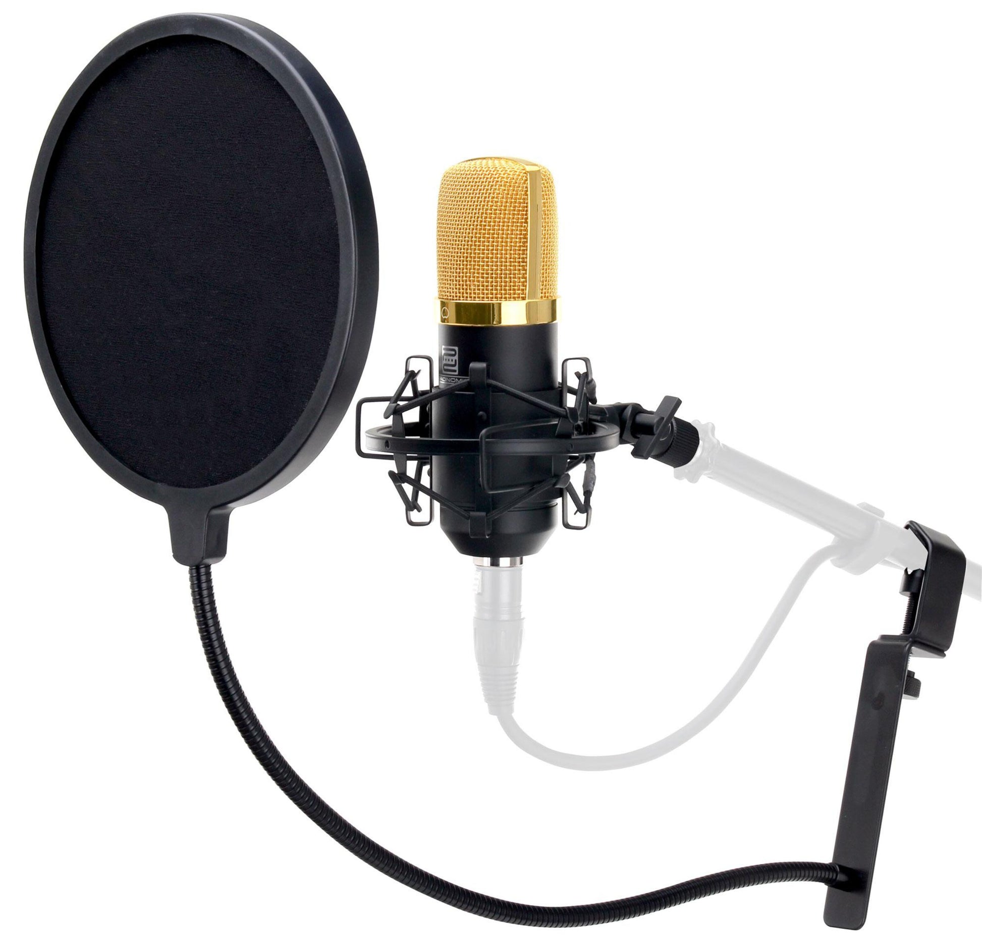 Guld/sort mikrofon i shock mount med Luxorparts Popfilter med svanehals, monteret på justerbar arm og bordklemme.