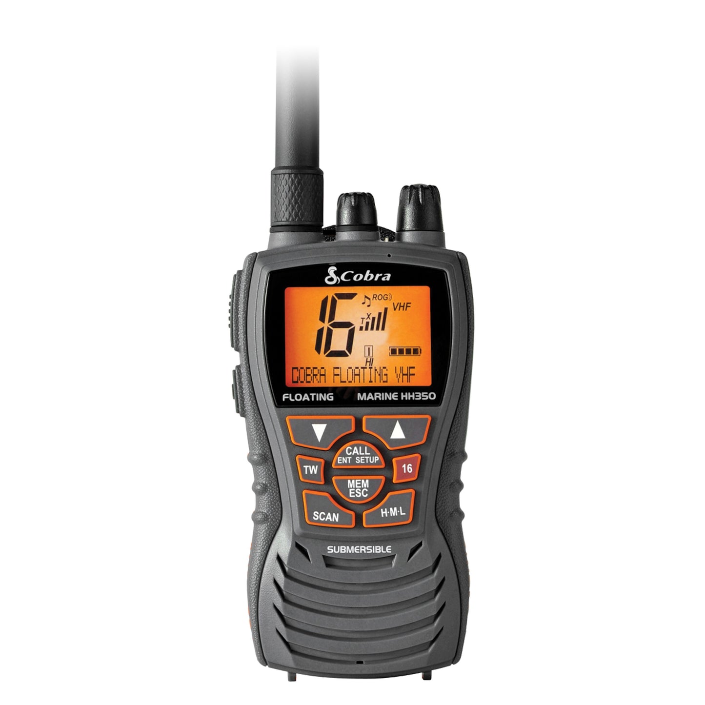 Cobra HH350 VHF-radio, IPX8 vandtæt, orange oplyst display med kanal 16, sorte knapper til call, menu, scan, volume, antenne øverst.
