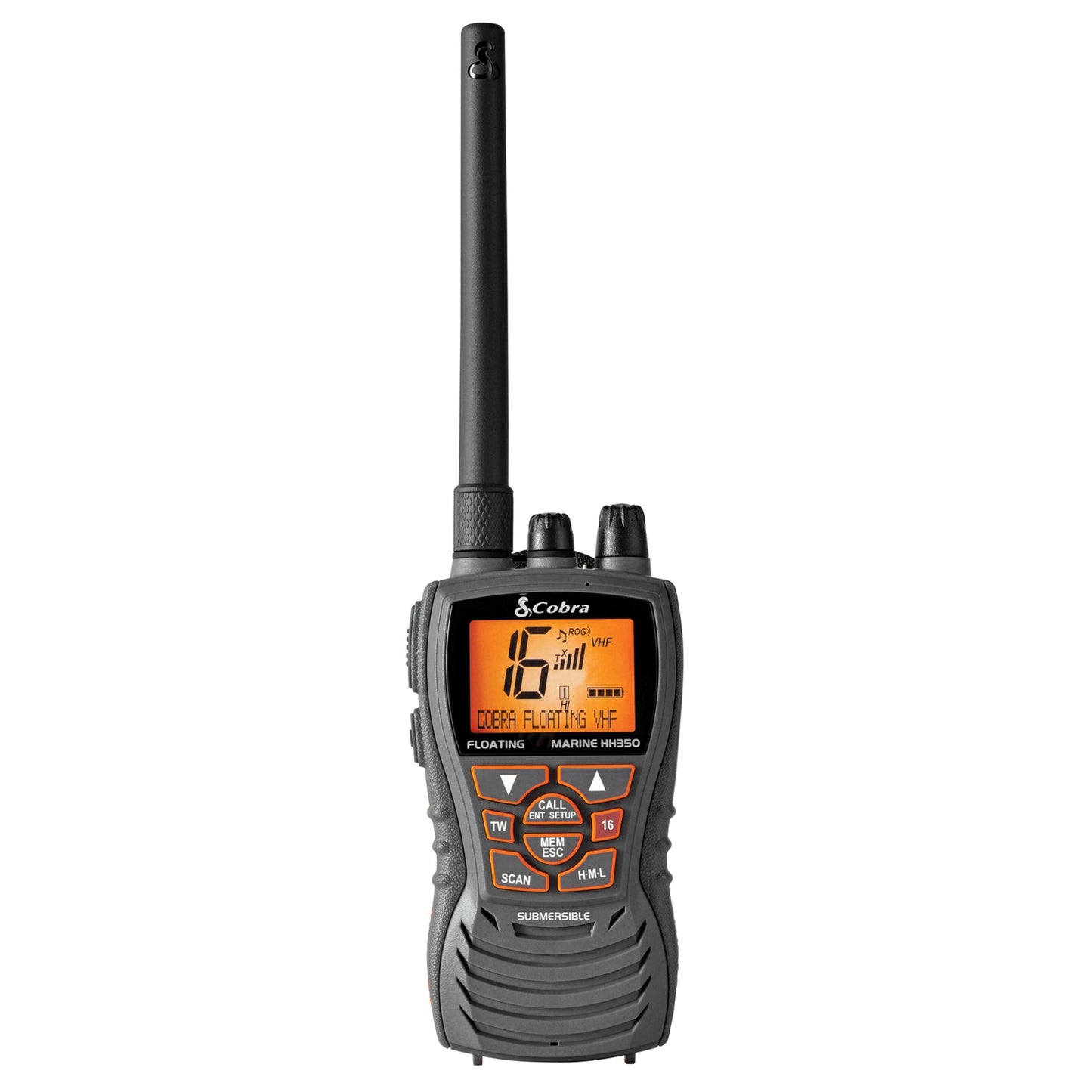 Cobra HH350 håndholdt VHF marine radio, sort, lang antenne, orange LCD med kanal 16, scan/vejrtaster, IPX8 vandtæt.