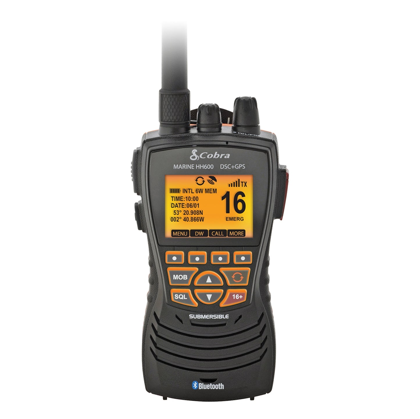 Cobra HH600 DSC VHF håndholdt vandtæt radio, sort og orange, display til kanal 16, nødinfo, knapper og antenne.
