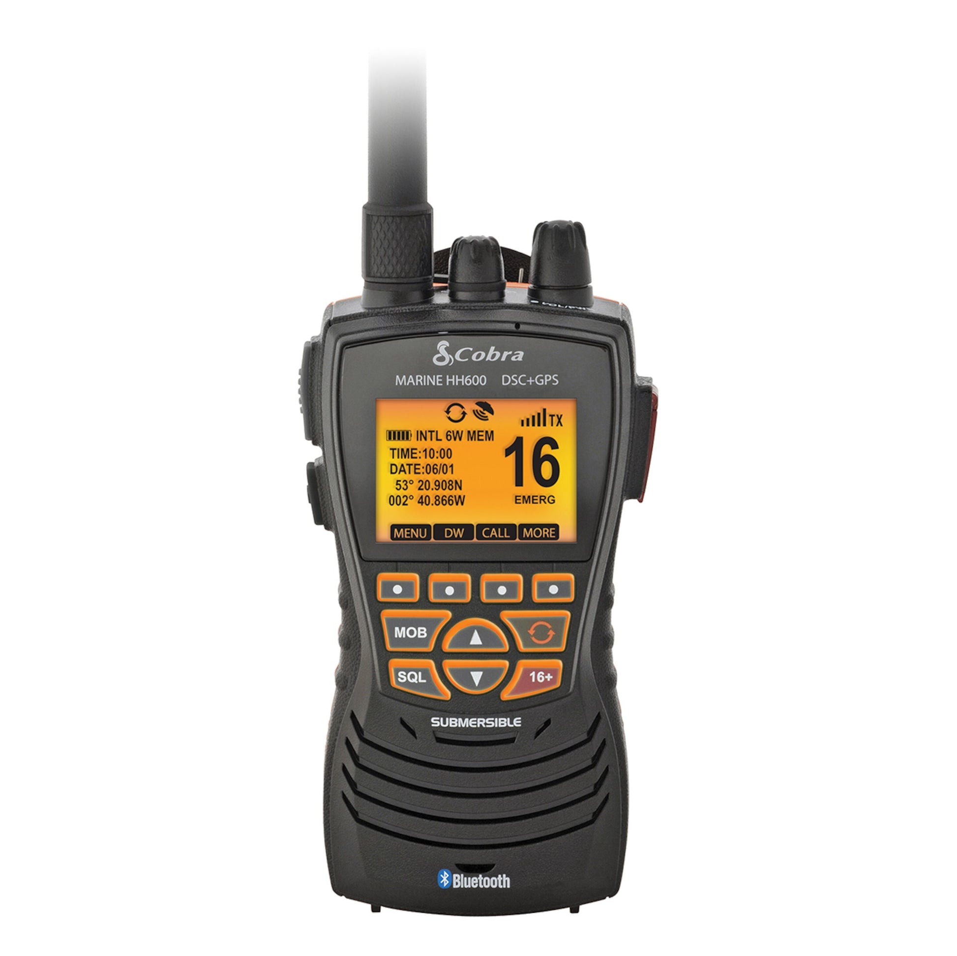 Cobra HH600 DSC VHF håndholdt vandtæt radio, sort og orange, display til kanal 16, nødinfo, knapper og antenne.