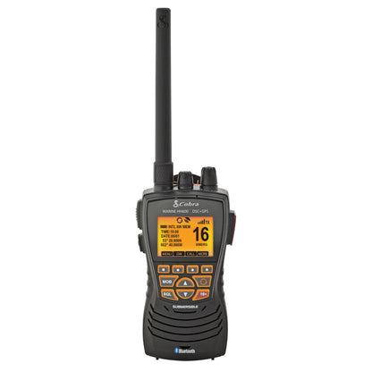 Cobra HH600 DSC VHF håndholdt vandtæt radio, sort, orange kanal 16 display, lang antenne, knapper, Bluetooth.