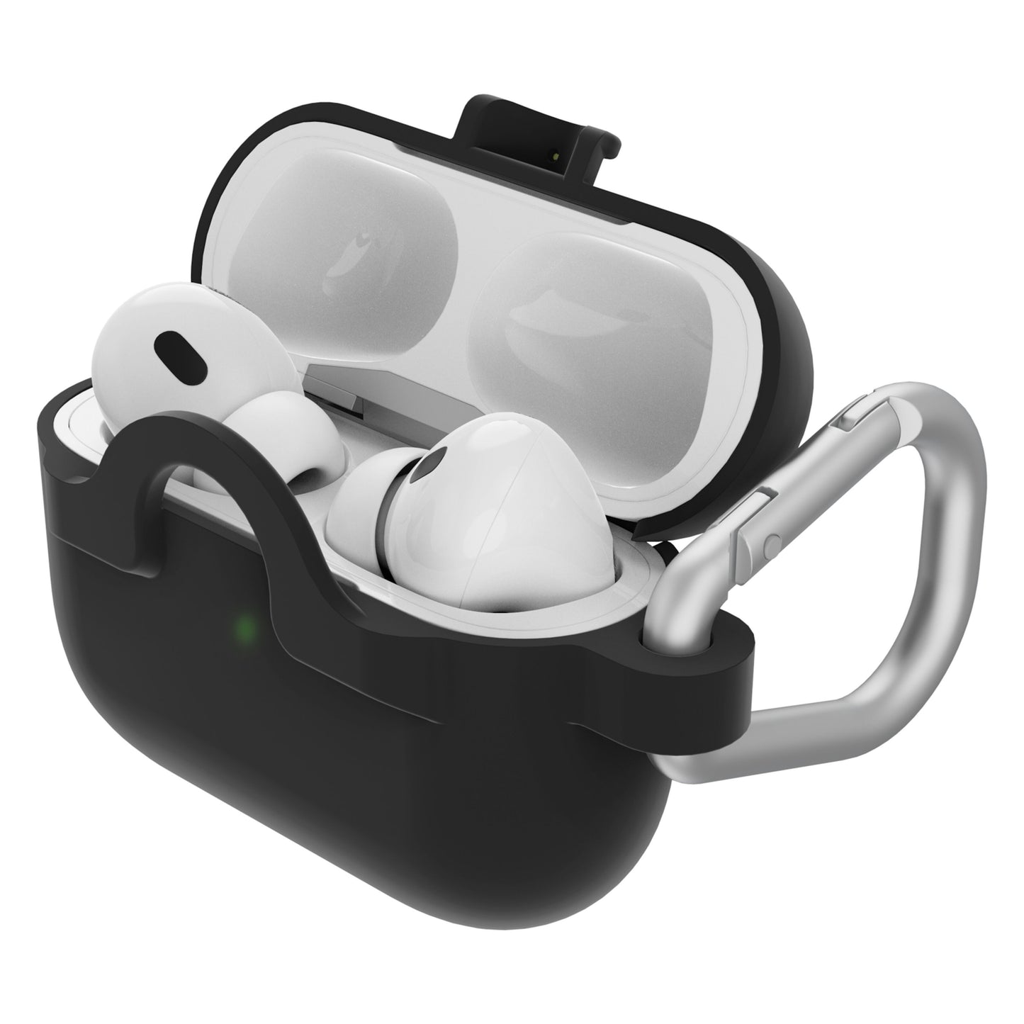 Otterbox sorterer etui til AirPods Pro 1/2. gen, hvide ørepropper, sølv karabinhage, trådløs opladning, grønt frontlys.
