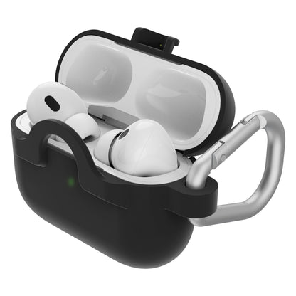 Otterbox sorterer etui til AirPods Pro 1/2. gen, hvide ørepropper, sølv karabinhage, trådløs opladning, grønt frontlys.