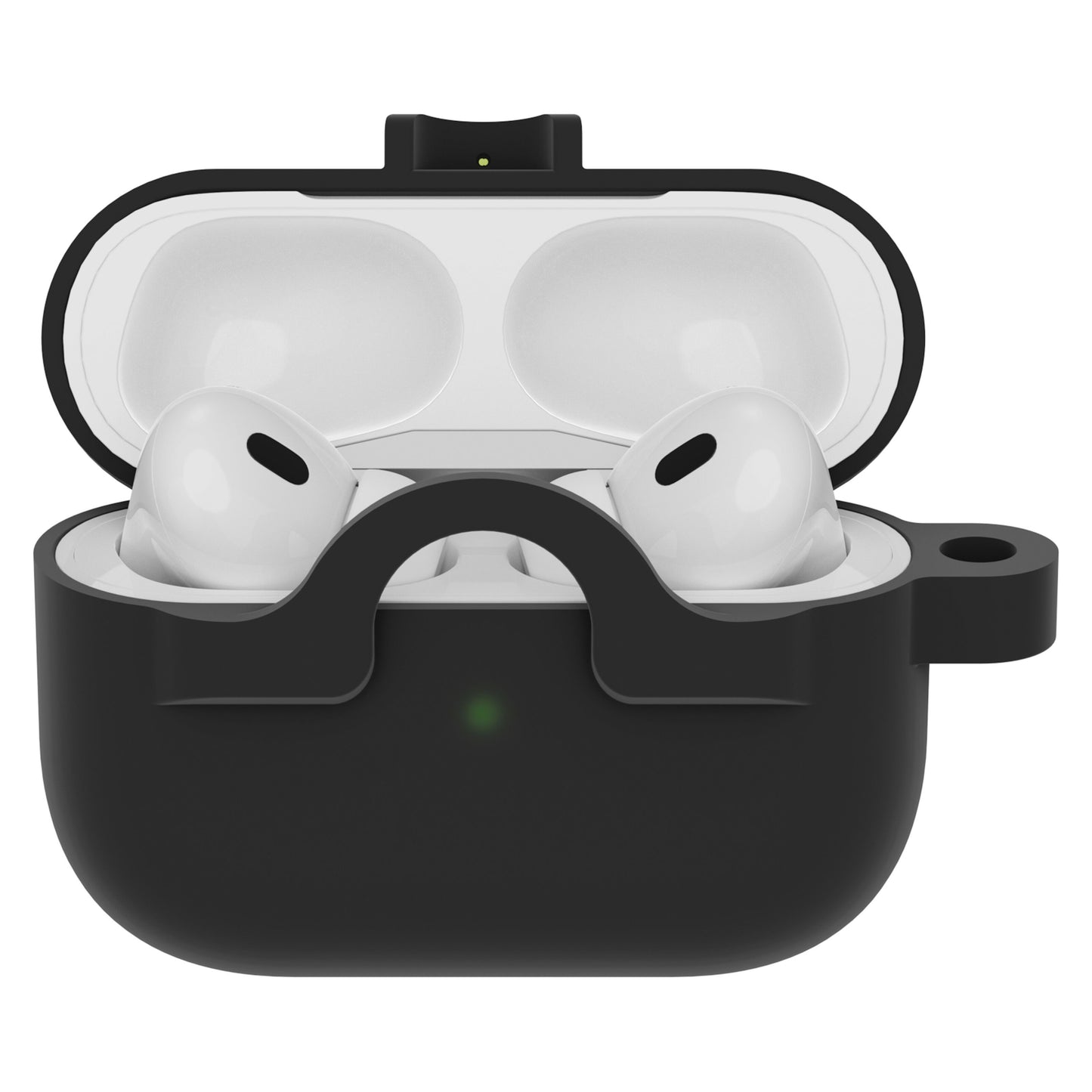 AirPods Pro 1./2. gen i sort Otterbox-etui, grøn LED, højre løkke, synligt indvendigt låg, trådløs opladning.