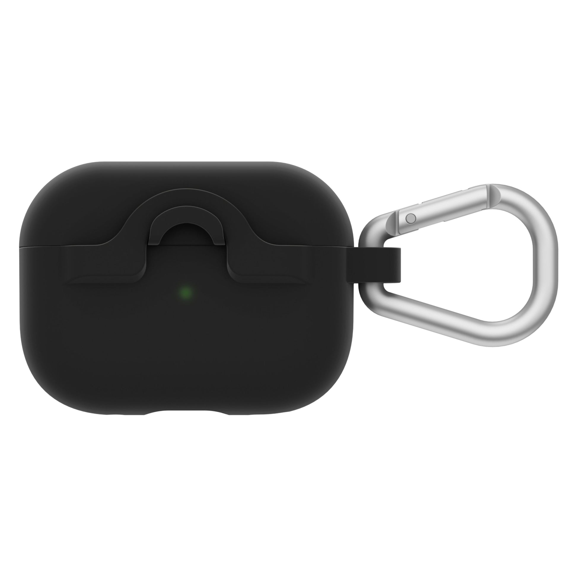 Sort etui til AirPods Pro 1/2 gen, mat finish, lille grøn indikatorlampe, sølv karabinhage højre side, trådløs opladning.
