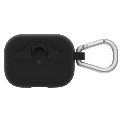 Sort etui til AirPods Pro 1/2 gen, mat finish, lille grøn indikatorlampe, sølv karabinhage højre side, trådløs opladning.