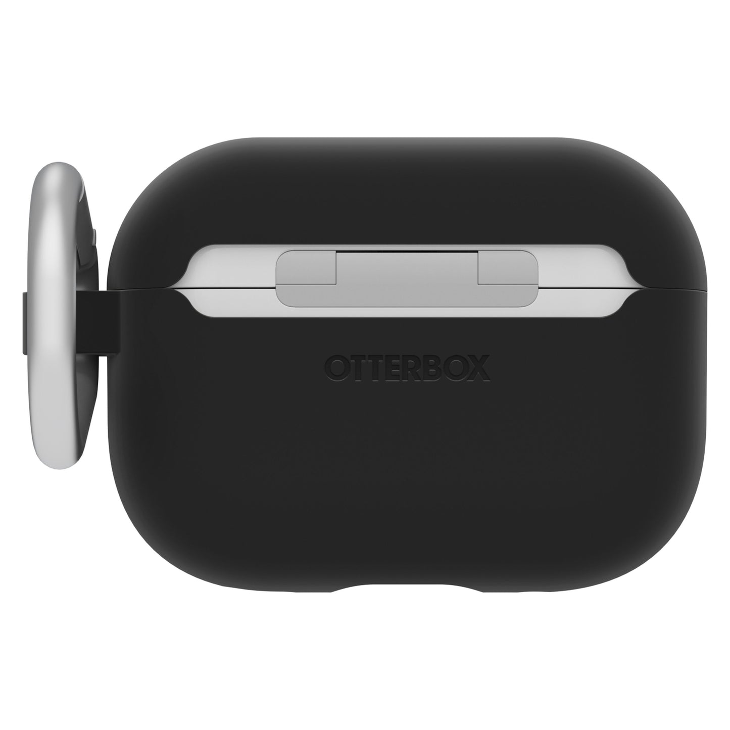 Sort etui med sølvhængsel og metal-karabinhage til AirPods Pro 1./2. gen, understøtter trådløs opladning.
