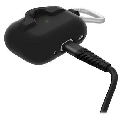 Sort Otterbox-cover til AirPods Pro 1/2 oplades med kabel, karabinhage fastgjort, grøn LED på produktet.