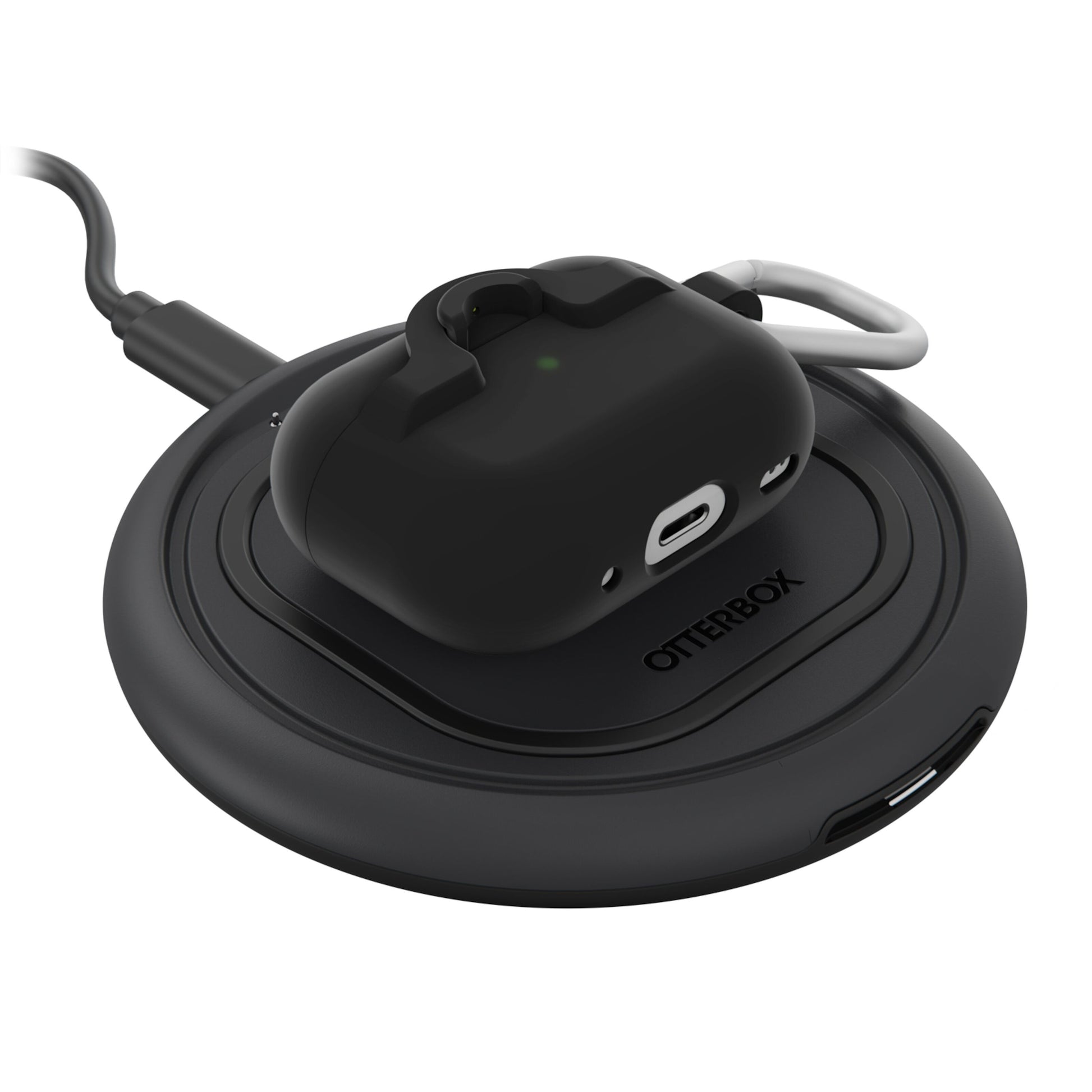 Otterbox etuier til AirPods Pro 1/2. gen på sort, rund Otterbox trådløs opladningsplade med kabel.
