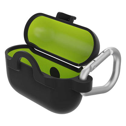 Sort Otterbox cover med grøn inderside til AirPods Pro 1/2, åbent låg, sølv karabinhage, understøtter trådløs opladning.