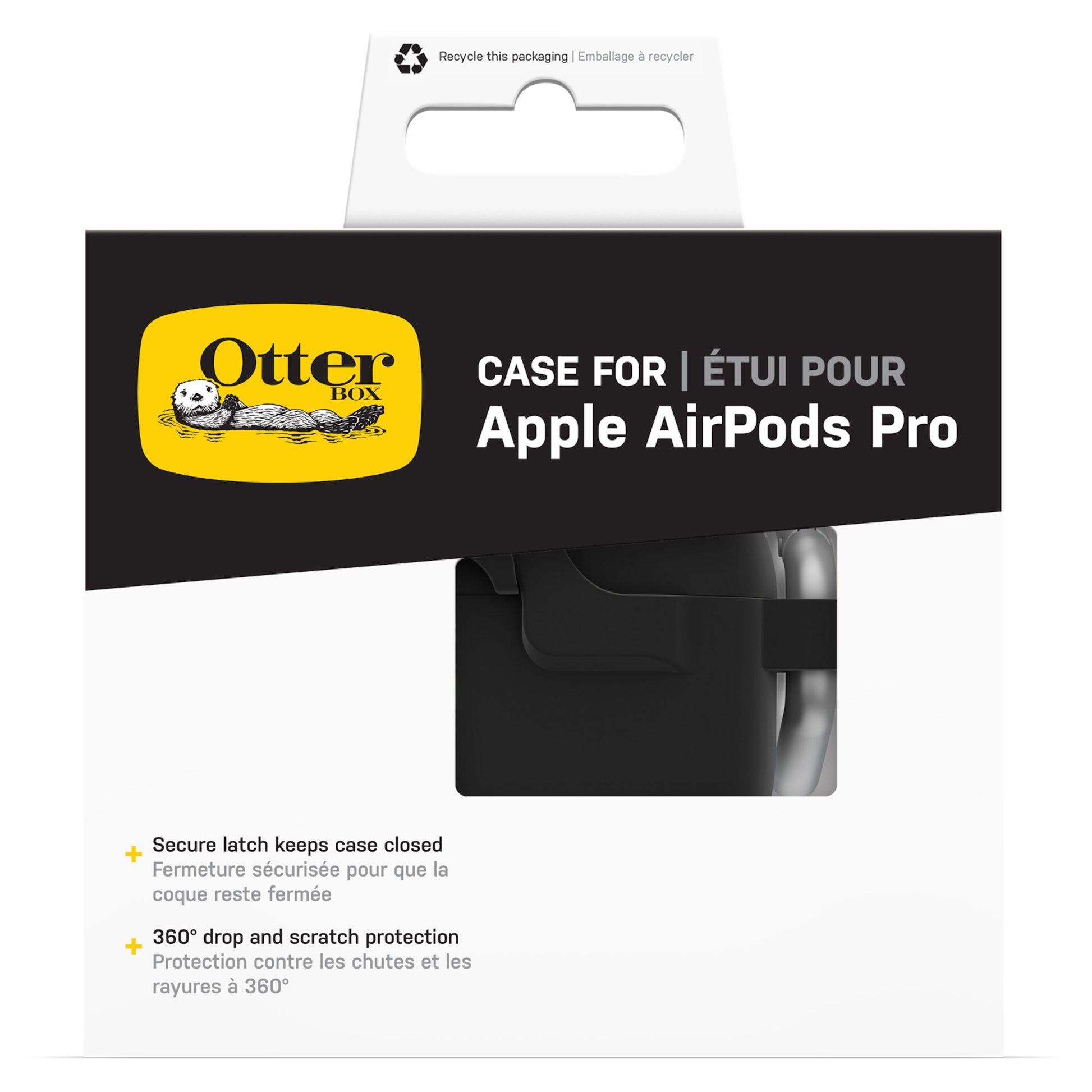 OtterBox AirPods Pro 1/2 emballage med OtterBox-logo, produktnavn, info om sikker lukning og etui synligt gennem vindue.
