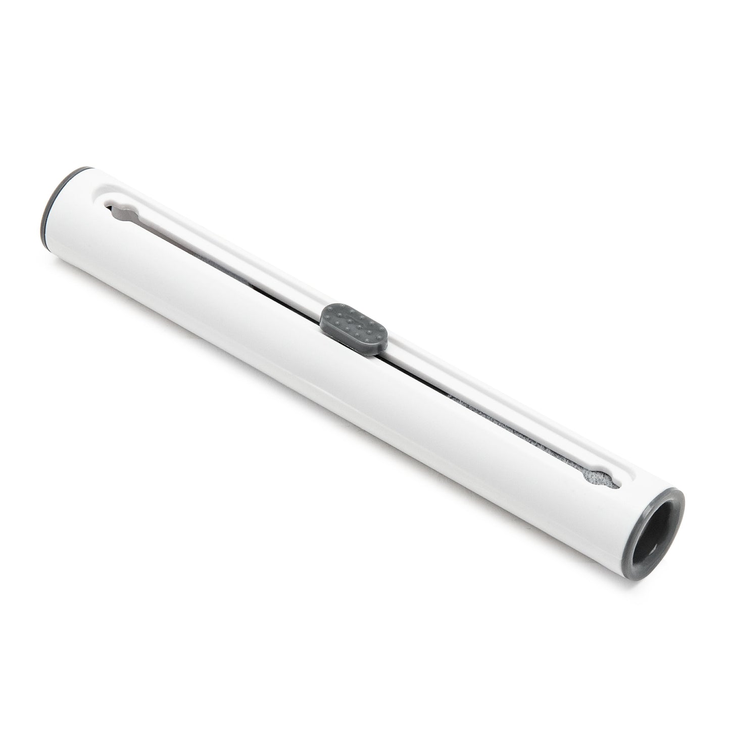 Linocell rengøringsredskab til hovedtelefoner og elektronik, hvid cylinder med grå ender og grå slider.
