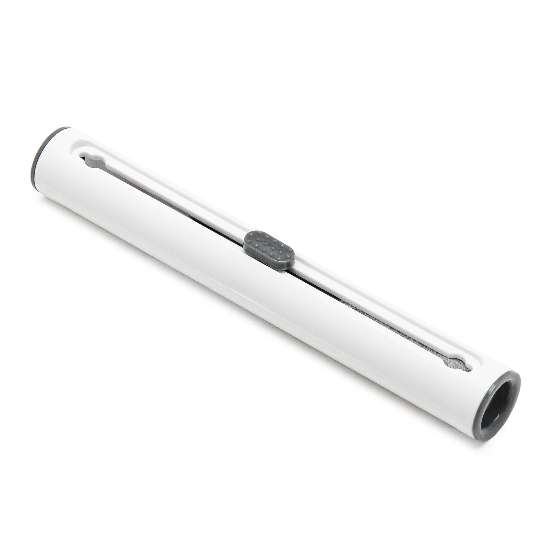 Linocell rengøringsredskab til hovedtelefoner og elektronik, hvid cylinder med grå ender og grå slider.