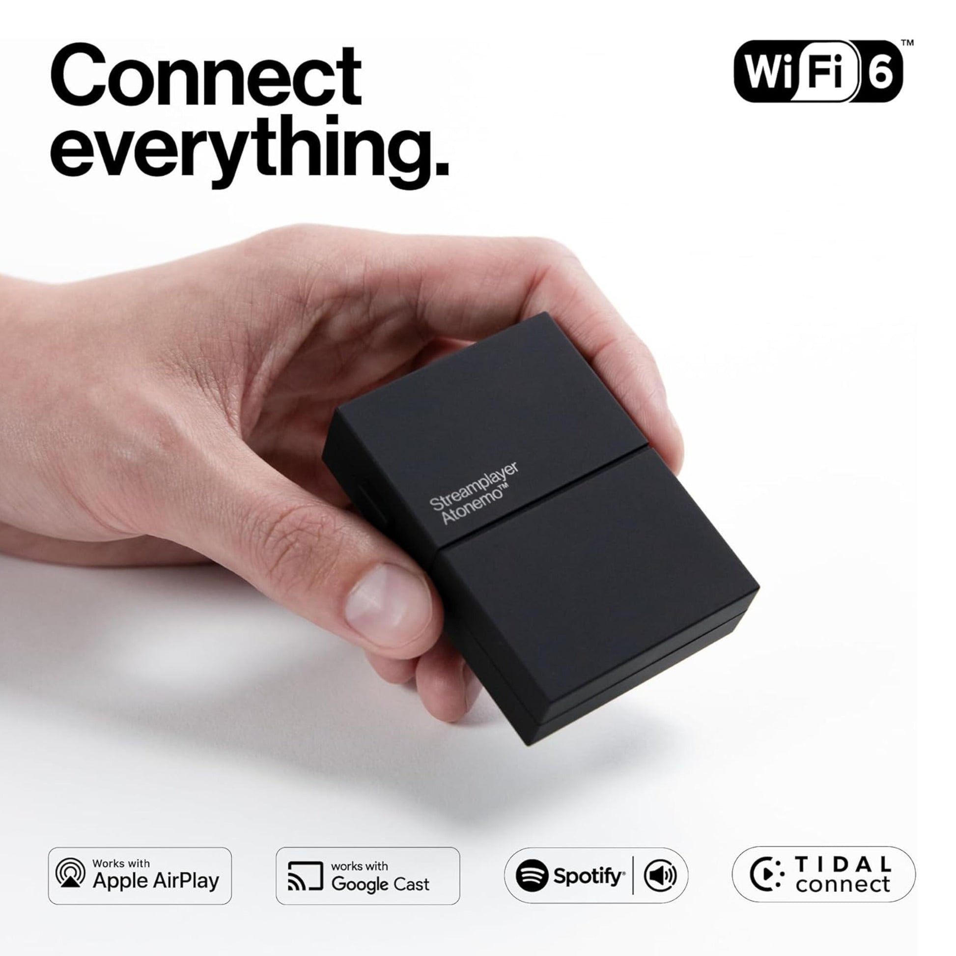 Atonemo Streamplayer netværksstreamer sort, WiFi 6 logo, Apple AirPlay, Google Cast, Spotify og Tidal Connect ikoner.