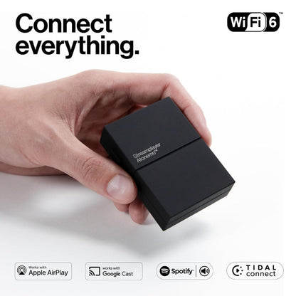 Atonemo Streamplayer netværksstreamer sort, WiFi 6 logo, Apple AirPlay, Google Cast, Spotify og Tidal Connect ikoner.