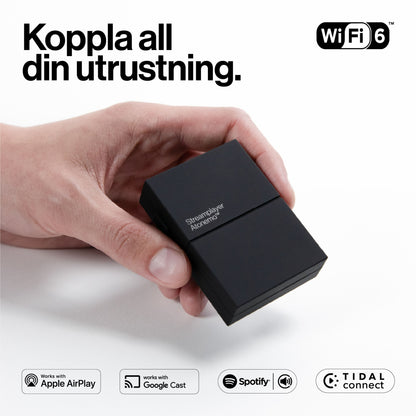 Atonemo Streamplayer netværksstreamer sort med teksten "Strömstarkare Automagiskt" og logoer til WiFi 6, AirPlay, Cast, Spotify, Tidal.