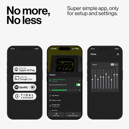 Atonemo Streamplayer-app på smartphone viser AirPlay, Google Cast, Spotify, Tidal Connect og equalizer-opsætningsindstillinger.