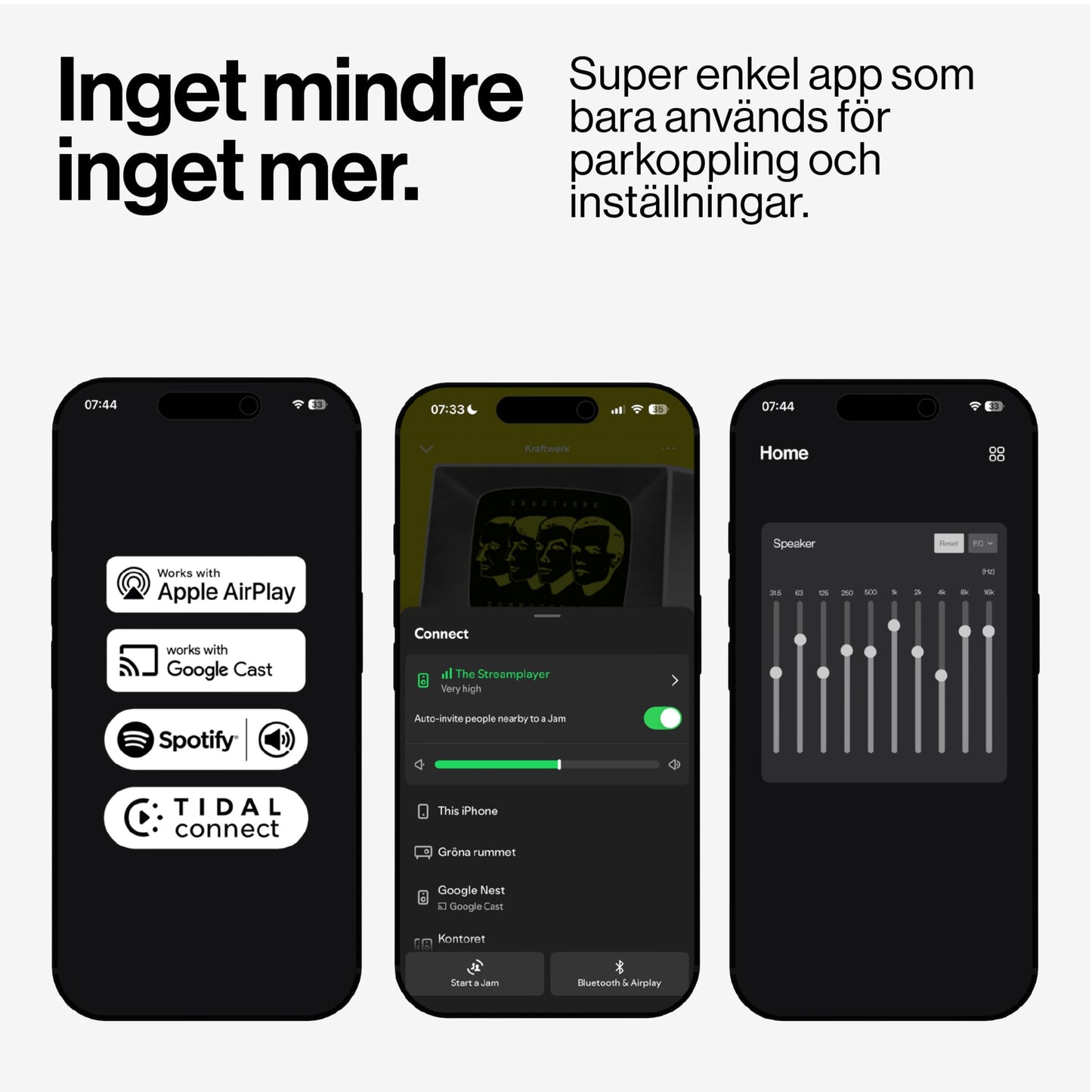 Atonemo Streamplayer netværksstreamer app med AirPlay adapter support, afspilningskontrol og equalizer på svensk interface.