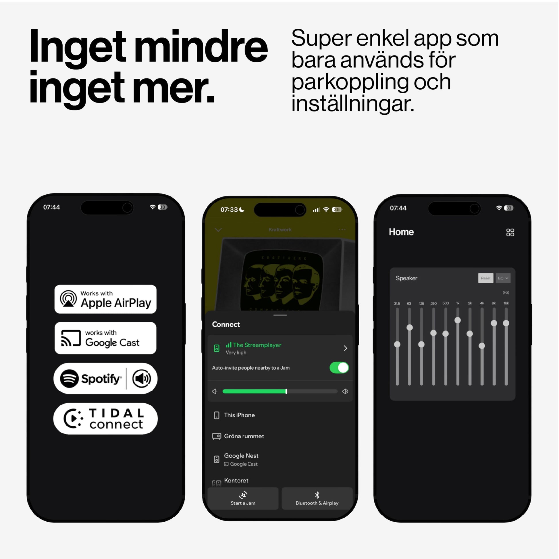 Atonemo Streamplayer netværksstreamer app med AirPlay adapter support, afspilningskontrol og equalizer på svensk interface.