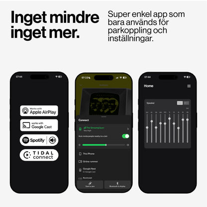Atonemo Streamplayer netværksstreamer app med AirPlay adapter support, afspilningskontrol og equalizer på svensk interface.
