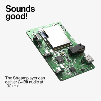 Atonemo Streamplayer netværksstreamer sort med synlige elektroniske komponenter, USB-port og tekst: 24 Bit/192kHz trådløs lyd.