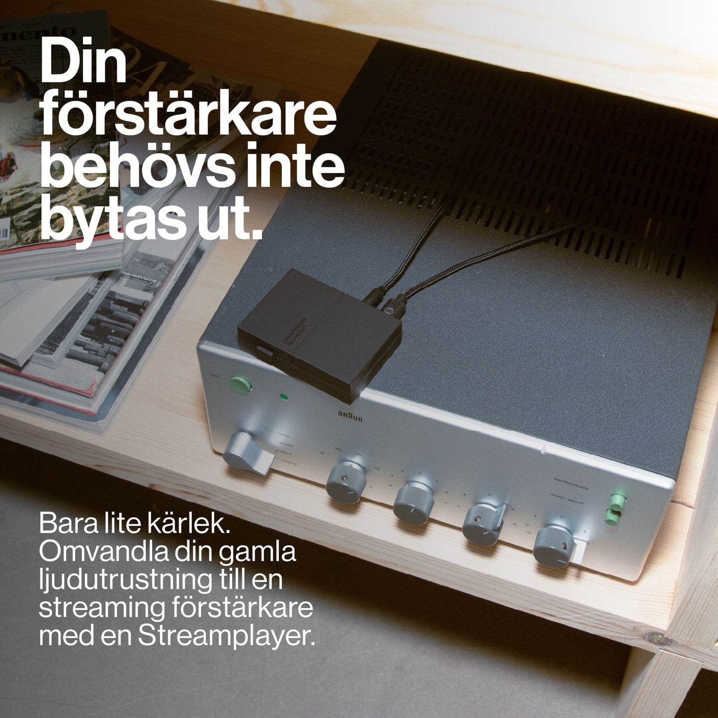 Atonemo Streamplayer netværksstreamer sorterer til trådløs streaming med kompakt design til stereoanlæg.