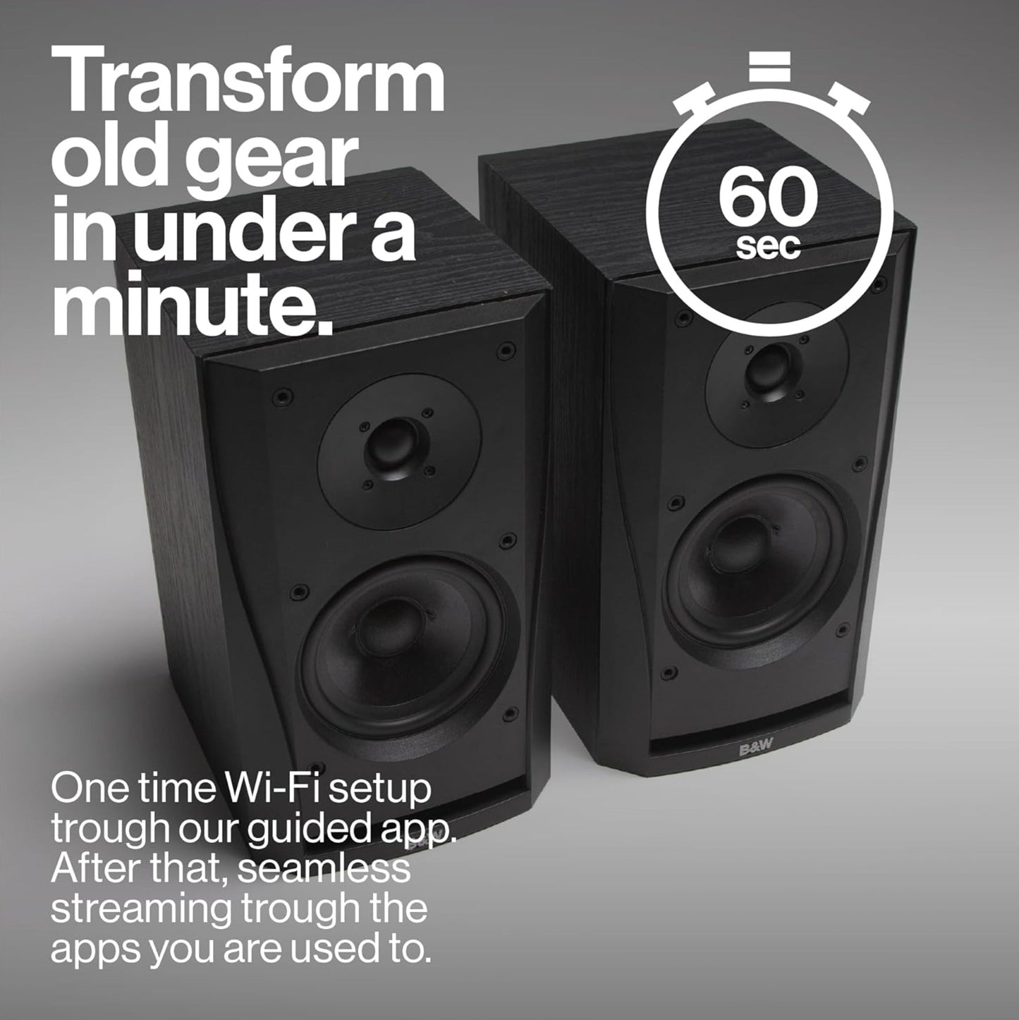 Atonemo Streamplayer netværksstreamer sort, nem Wi-Fi opsætning, trådløs afspilning, AirPlay streaming, tekst: "Forvandl gammelt udstyr på under et minut. 60 sekunder.