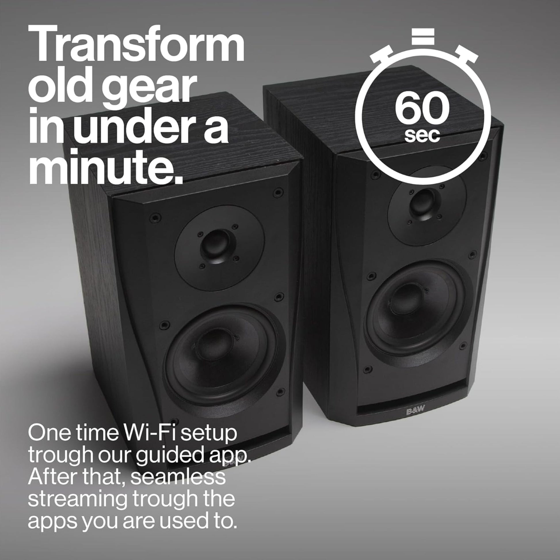 Atonemo Streamplayer netværksstreamer sort, nem Wi-Fi opsætning, trådløs afspilning, AirPlay streaming, tekst: "Forvandl gammelt udstyr på under et minut. 60 sekunder.