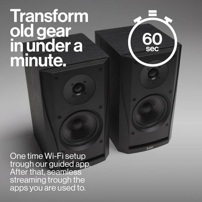Atonemo Streamplayer netværksstreamer sort, nem Wi-Fi opsætning, trådløs afspilning, AirPlay streaming, tekst: "Forvandl gammelt udstyr på under et minut. 60 sekunder.