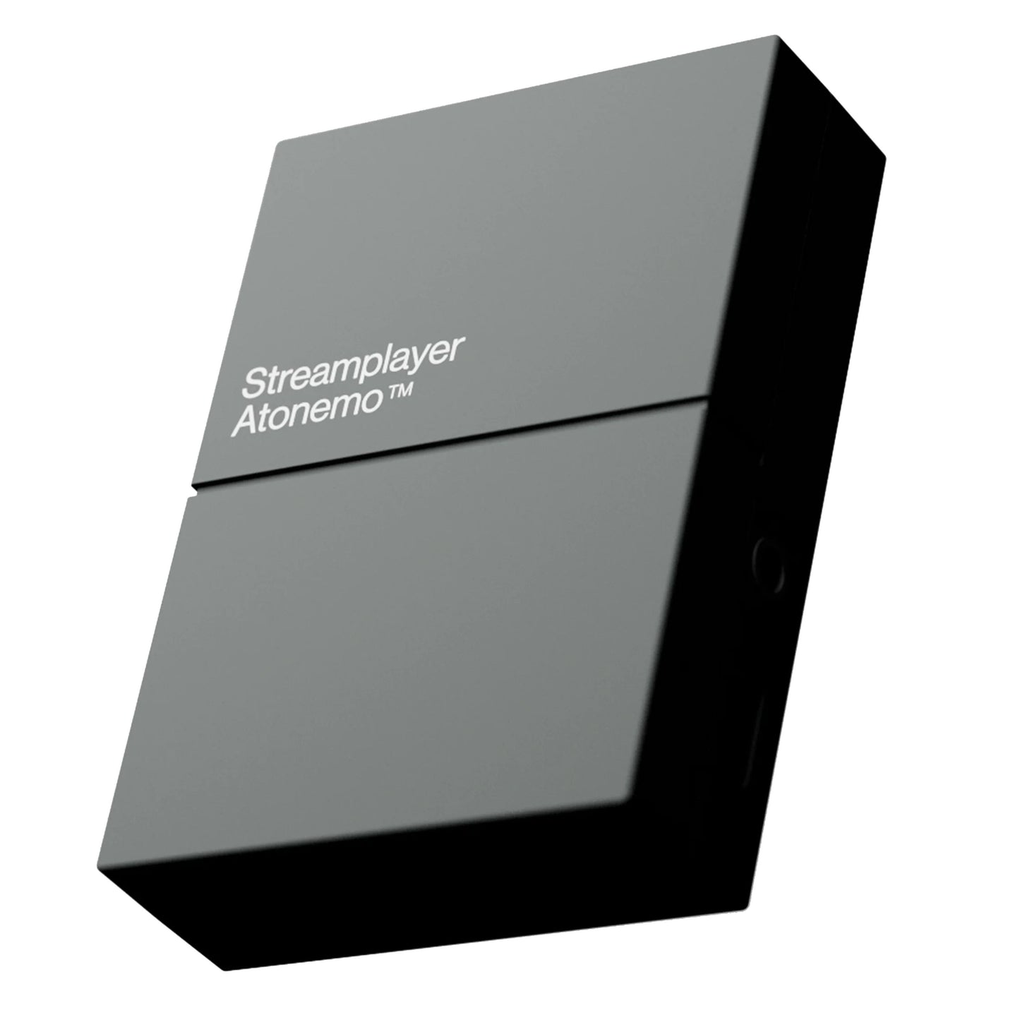 Atonemo Streamplayer netværksstreamer sort, rektangulær, til trådløs afspilning, vist fra vinkel.