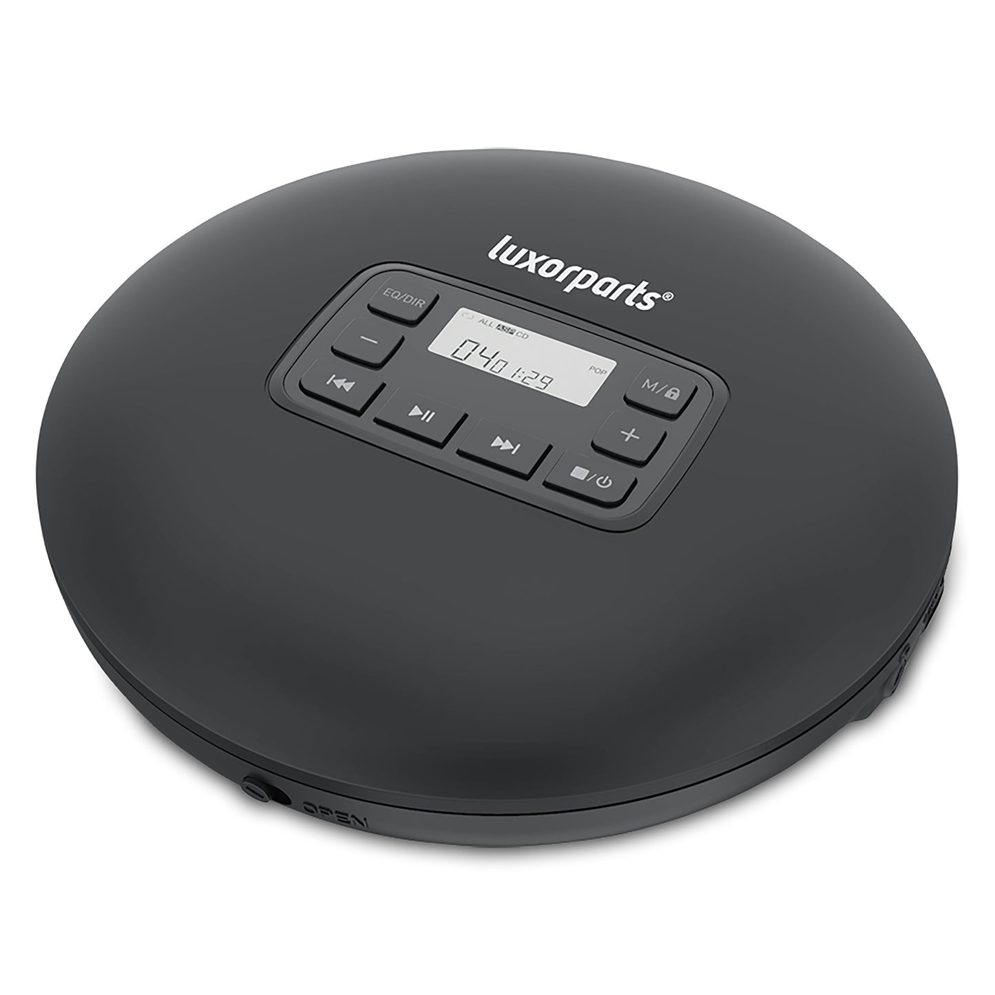 Sort Luxorparts bærbar CD-afspiller med LCD-display, visning 040 1:29, afspilningsknapper og anti-skip-beskyttelse.