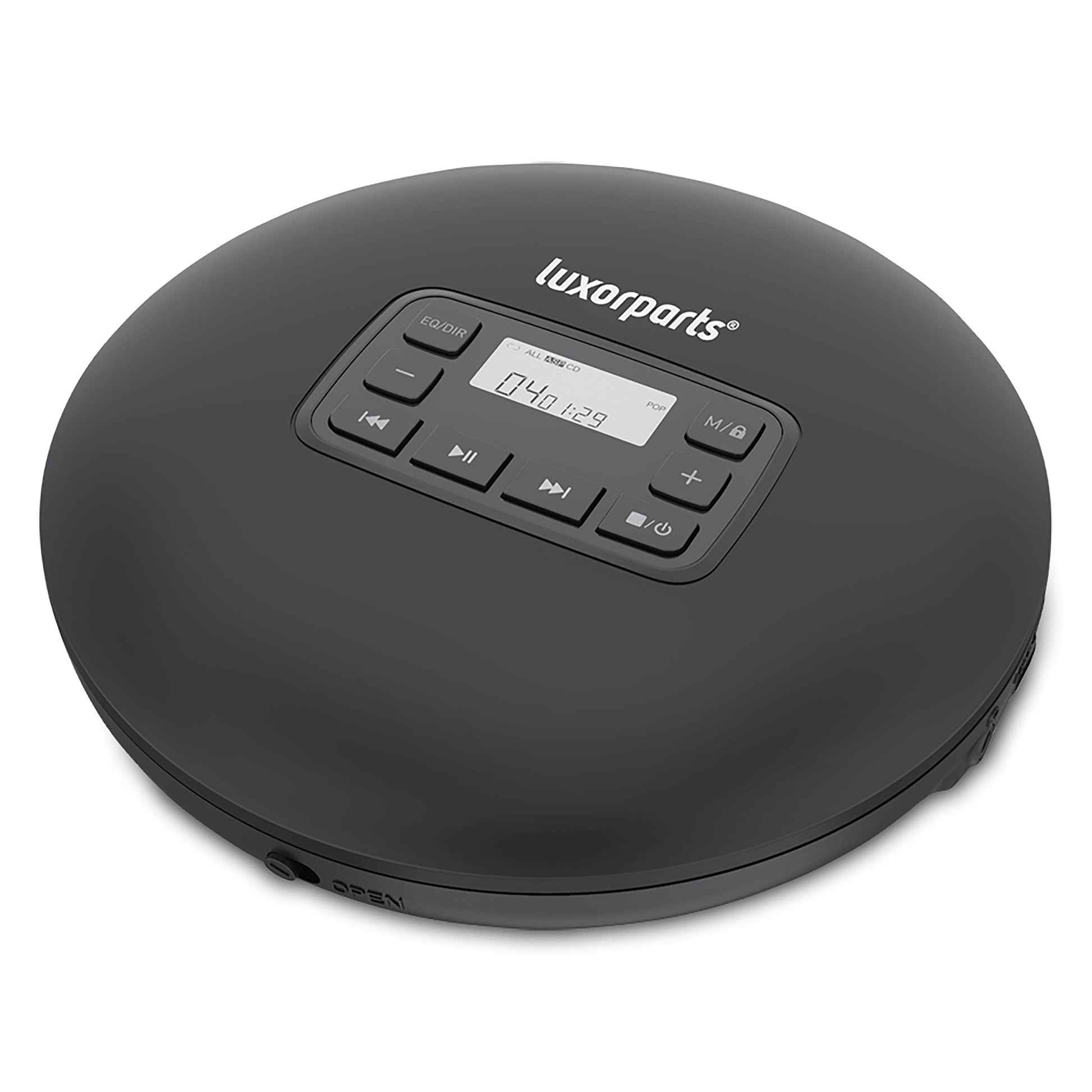 Sort Luxorparts bærbar CD-afspiller med LCD-display, visning 040 1:29, afspilningsknapper og anti-skip-beskyttelse.